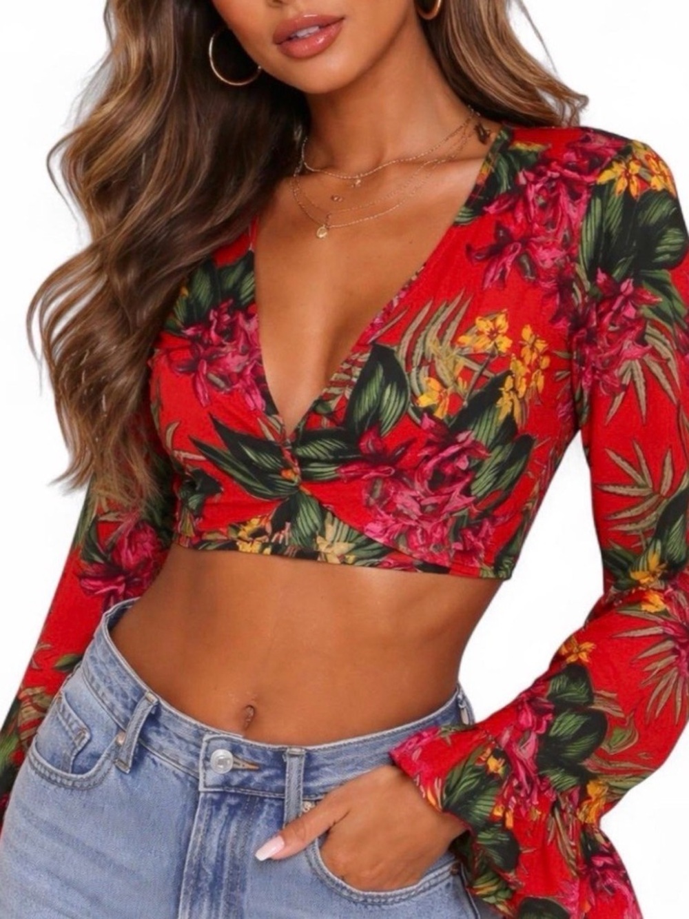 NWT Misguided Floral Wrap Crop Top - Red